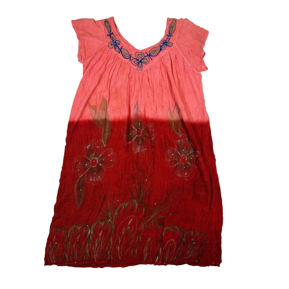 VTG Seven Islands Floral Dress Womens One Size Pink Red Ombre Embroidered‎ Boho